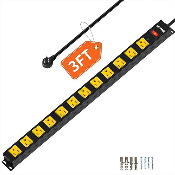 12 Outlet Long Power Strip, 3FT Power Cord, 2100 Joules Surge Protector, Wide Spaced Outlet Power Bar, Overload Protection Switch, Industrial Heavy Duty for Work Bench, Shop, Garage-DeskLoop Office