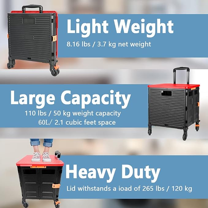 FELICON SELORSS Foldable Utility Cart Folding Portable Rolling Crate-Red | - Image 3