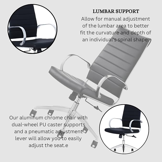 Ribbed High Back Conference Room Chairs - Lumbar Support, Modern Style Executive Chair for Home and Office - 360 Swivel Rolling Wheels - Aluminum Chrome Frame & Base - Black (Pack of 6)-DeskLoop Office