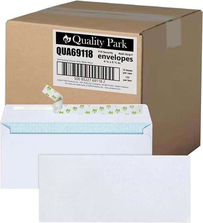 Quality Park #10 Security Envelopes, No Window, 24-lb White Wove, 4-1/8" x by Quality+Park