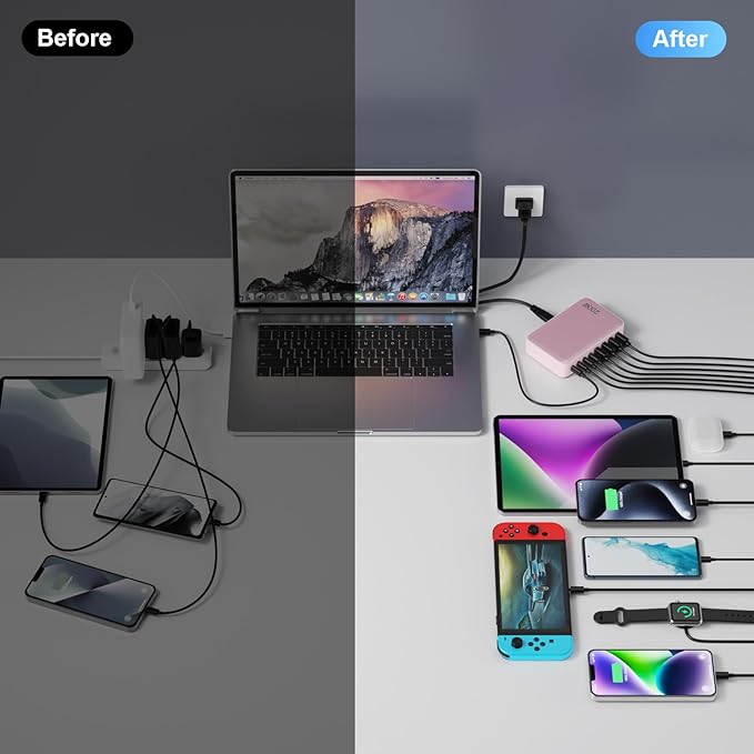 USB C Charger 200W USB C Charger Block,Upgraded GaN III 8-Port Fast Charging Station Hub,PD 65W Laptop Charging Adapter Compatible with MacBook Pro/Air,DELL,Steam Deck,iPhone 16/15/14,Galaxy S23/22-DeskLoop Office