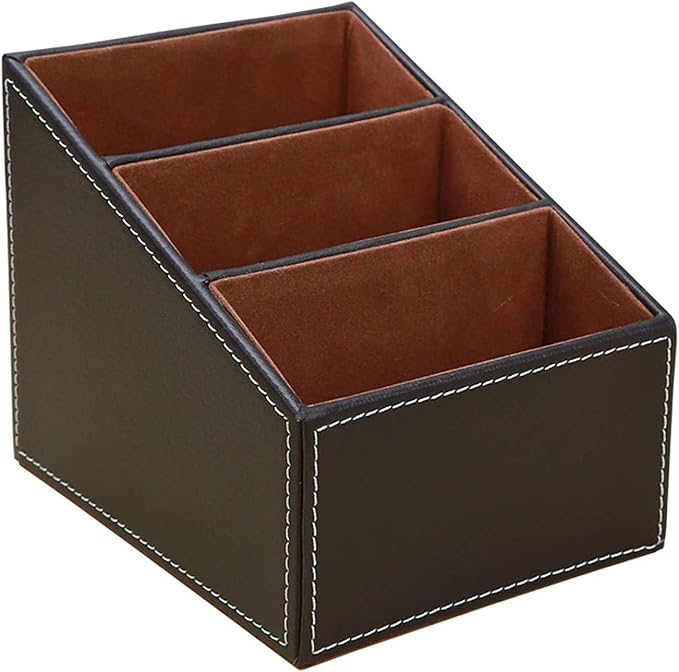 KINGFOM Remote Control Holder with 3 Compartments, Pu Leather Remote Caddy Desktop Organizer for TV, CD, Blu-Ray, Media Player, Heater Controllers and Cosmetics Office Supplies(Brown)-DeskLoop Office