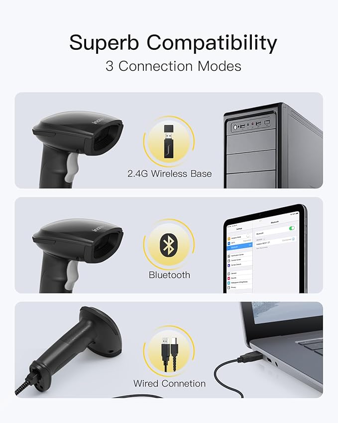 Inateck 2D Barcode Scanner, Wireless Bluetooth QR Barcode Scanner, Handheld - Image 4