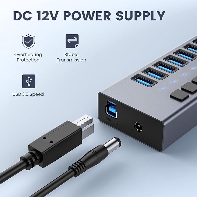 48W Powered USB Hub - ACASIS 10 Ports USB 3.0 Data Hub, Individual On/Off Switches, 12V/4A Power Adapter, Aluminum Housing, USB Splitter for PC, Computer, Mobile HDD, Flash Drive-DeskLoop Office