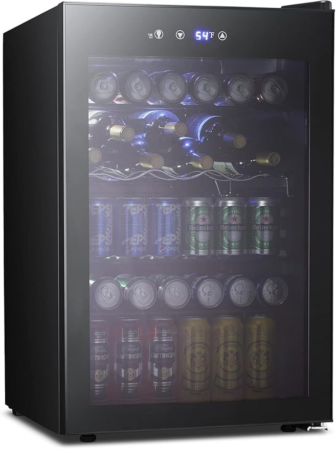 Kismile 4.5 Cu.ft Beverage Refrigerator and Cooler, 145 Can Mini Fridge Glass Door,Digital Temperature Display for Soda, Beer or Wine, Small Drink Dispenser Cooler for Home, Office or Bar(Black)-DeskLoop Office