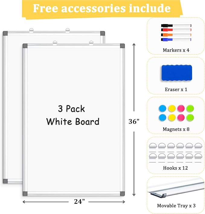 AMUSIGHT 3 Pack Double-Sided Magnetic Whiteboard, Aluminum Frame White Board - Image 4