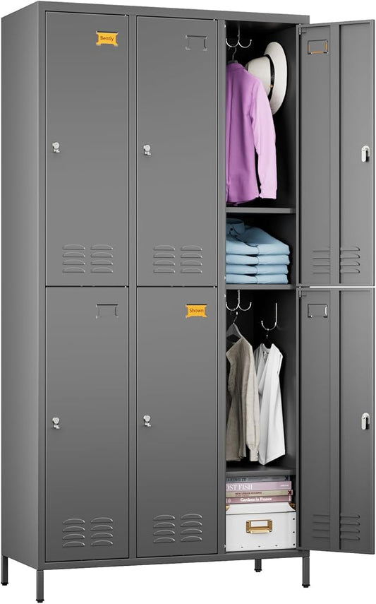 6 Doors Metal Lockers for Employees with 18 Hooks and Business Card Holder, Metal Locker with Ventilation Holes for School Garage Office Gym Home,Assembly Required,Dark Grey-DeskLoop Office