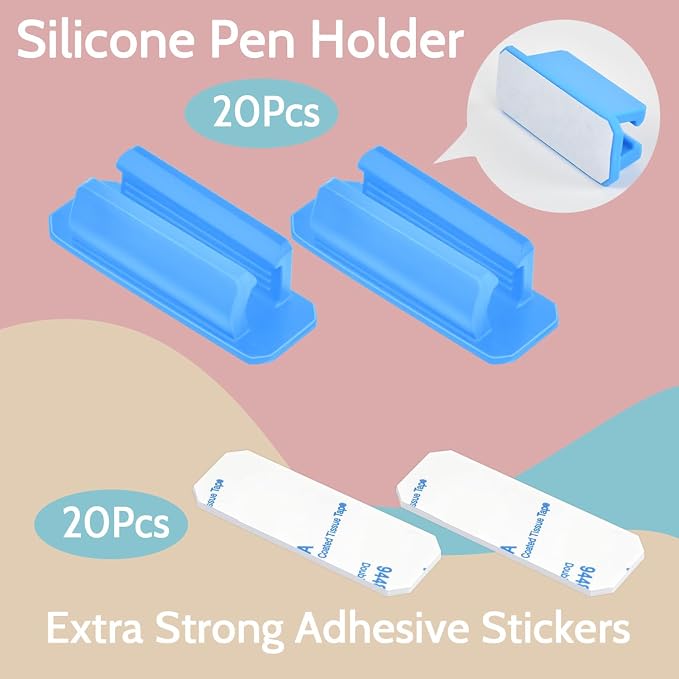 20 Pack Adhesive Silicone Pen Holders Blue Stick-On Pencil And Marker Clips | - Image 4