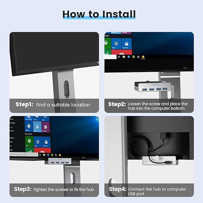 ORICO USB 3.0 Hub, USB Hub Clamp, Aluminum 4-Port USB Splitter with 4.92 FT USB Data Cable, Desktop Powered USB Hub for Monitors/Desks-Silver (Without Power Adapter)-DeskLoop Office