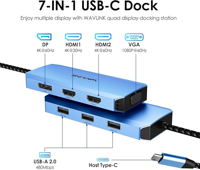 WAVLINK USB C Docking Station for MacBook Dell XPS 13/15, Lenovo Yoga, HP Laptops, USB C to Dual HDMI Monitors for Windows, USB Hub Adapter with Dual HDMI, Displayport, VGA, 3 USB 2.0 Ports, Blue-DeskLoop Office