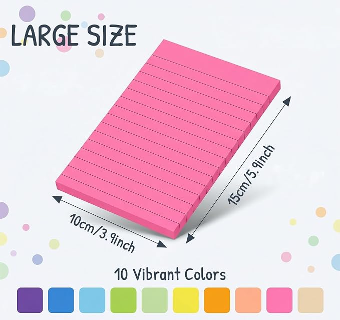 Lined Sticky Notes 4x6 in Post, 10 Pack Bright Large Ruled Post Stickies - Image 2