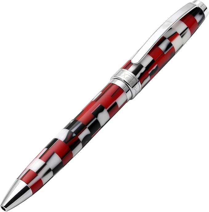 Xezo Urbanite II Ballpoint Pen, Medium Point. Sporty Red, Black, and White Checkered Acrylic on Brass. Chrome Plated. Handcrafted, Limited Edition, Serialized-DeskLoop Office