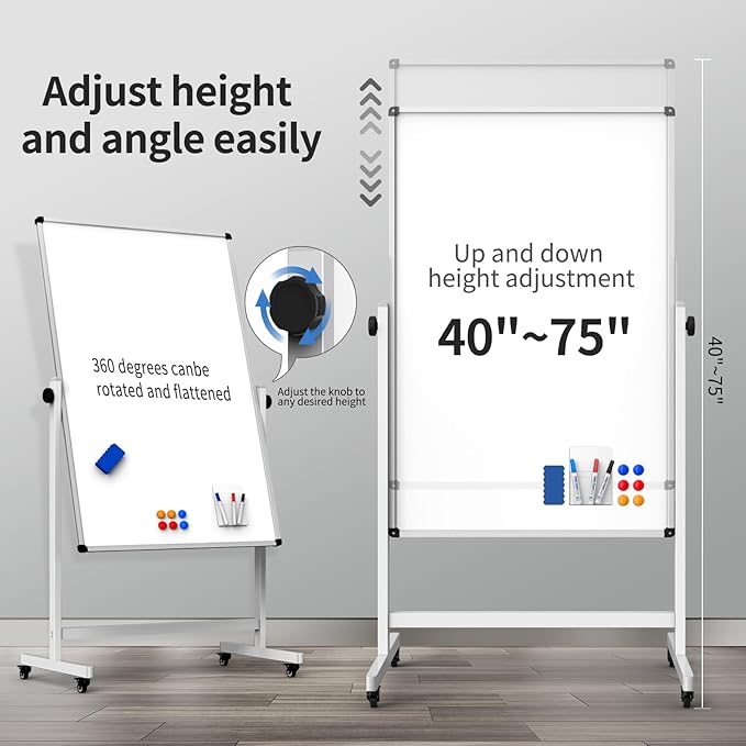 40x28 Inches Mobile Whiteboard, Double Sided Magnetic Dry Erase Board Height Adjustable Whiteboard with Stand for Home Office Classroom-DeskLoop Office