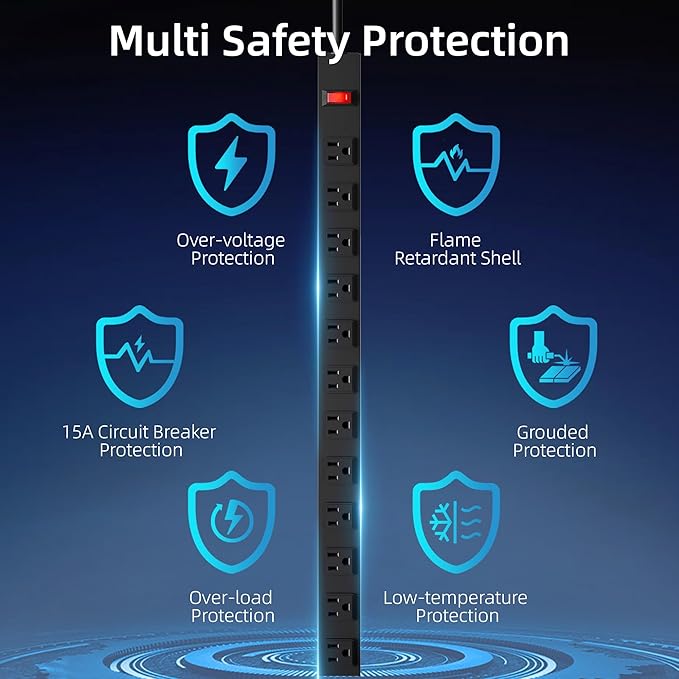 12 Outlet Long Power Strip with 15A Circuit Breaker,Black Wall Mount Heavy Duty Power Strip with 6FT/14AWG/15A/125V Extension Cord for Industrial,Garge,Office,Home and School,Black(6FT)-DeskLoop Office