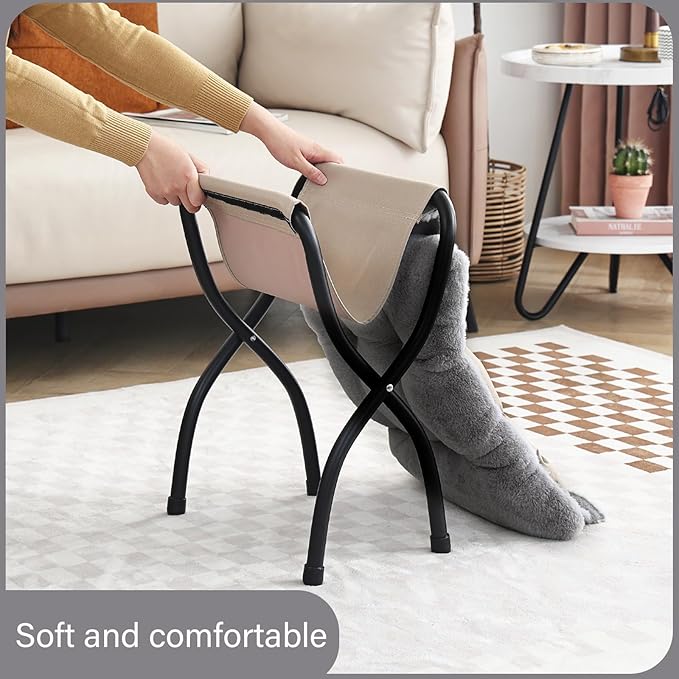LITA Folding Upholstered Footrest Stool, Modern Small Portable Accent Ottoman with Detachable Thick Cotton Cushion Padded Sofa Stool with Metal Frame for Lazy Chair, Living Room & Bedroom, Plush Grey-DeskLoop Office