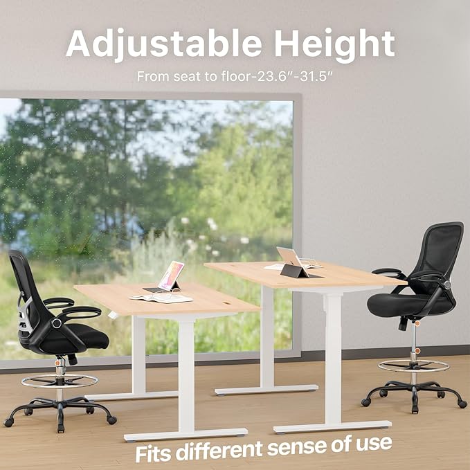 HYLONE Drafting Chair Tall Office Chair High-Back Mesh Standing Desk Stool with Adjustable Footrest Ring and Flip-Up Arms (Black)-DeskLoop Office