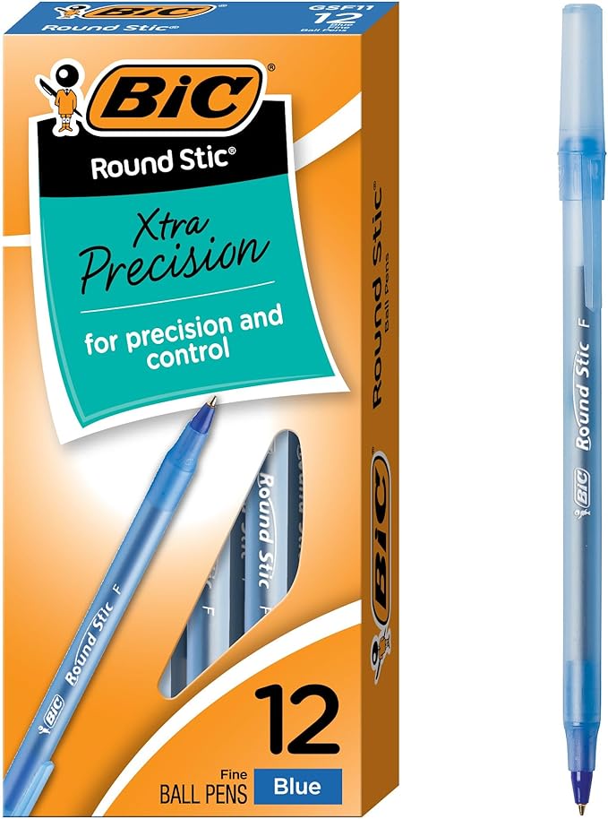 BIC Round Stic Xtra Precision Fine Blue Ballpoint Pens, Medium Point, 12-Count by BIC