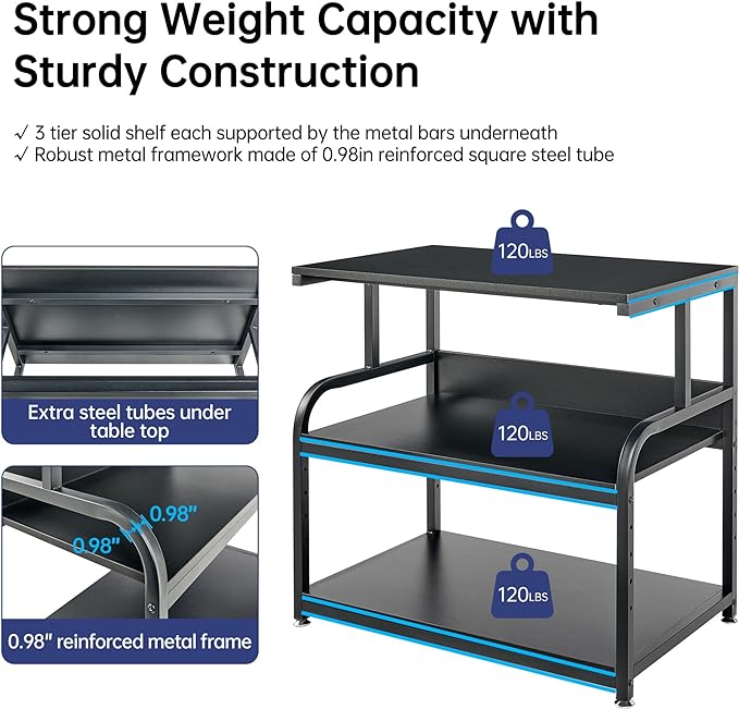32.3" x 18.9" Extra Large Printer Stand Table with Adjustable Storage Shelf, 3 Tier Rolling Printer Cart with Industrial Wheels for Home Office, Black-DeskLoop Office