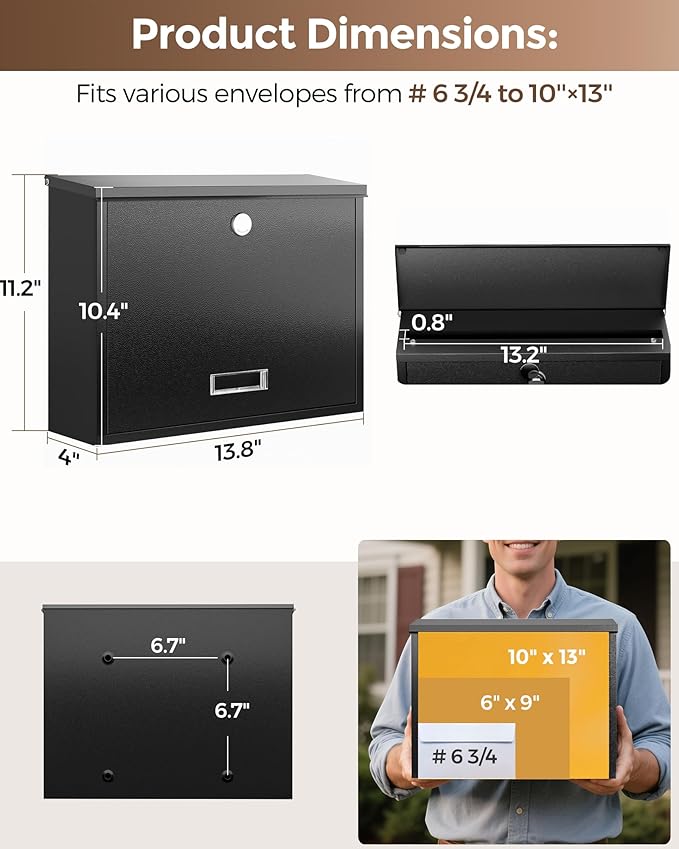 LAND·VOI Locking Wall-Mount Mailbox for Outside, with 4 Keys, Galvanized Steel Rustproof Metal Postbox, 4" Dx13.8 Wx11.2 H, Includes 3 Sets of Mailbox Numbers, Nameplate, Black, AMB33B-DeskLoop Office