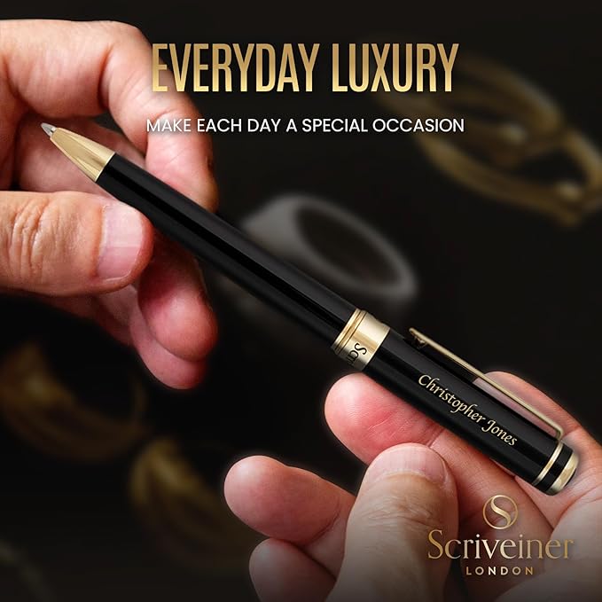 Scriveiner Personalized Black Ballpoint Pen - Stunning Luxury Pen, Jet Black Lacquer, Real Gold Plating, Schmidt Ink Refill, Best Engraved Ball Point Gift Set for Men & Women, Custom Name Engraving-DeskLoop Office