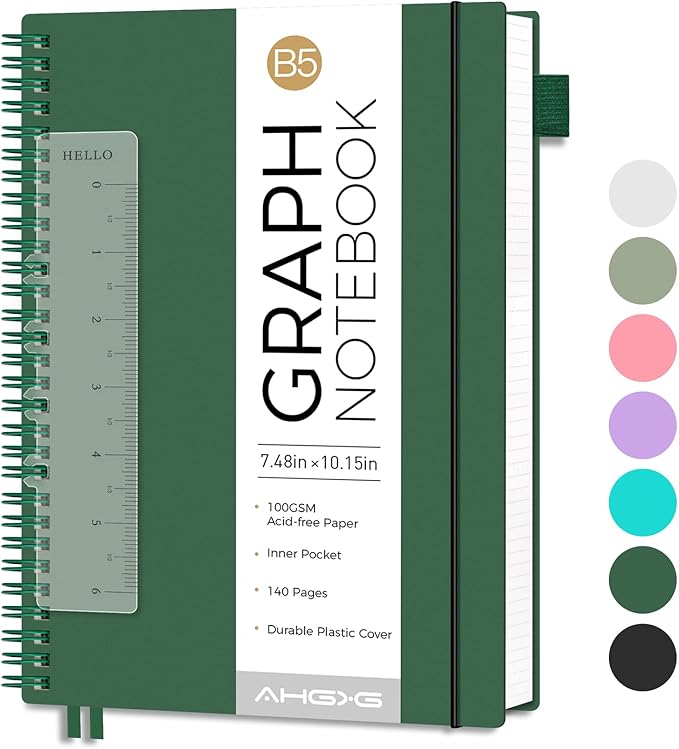 AHGXG Graph Paper Notebook - Spiral Notebook Journal 7.6" x 10", B5 Large Graph Notebook, 140 Pages, 100 gsm Thick Grid Paper, Waterproof Plastic Cover, for School Writing Engineering, Green-DeskLoop Office