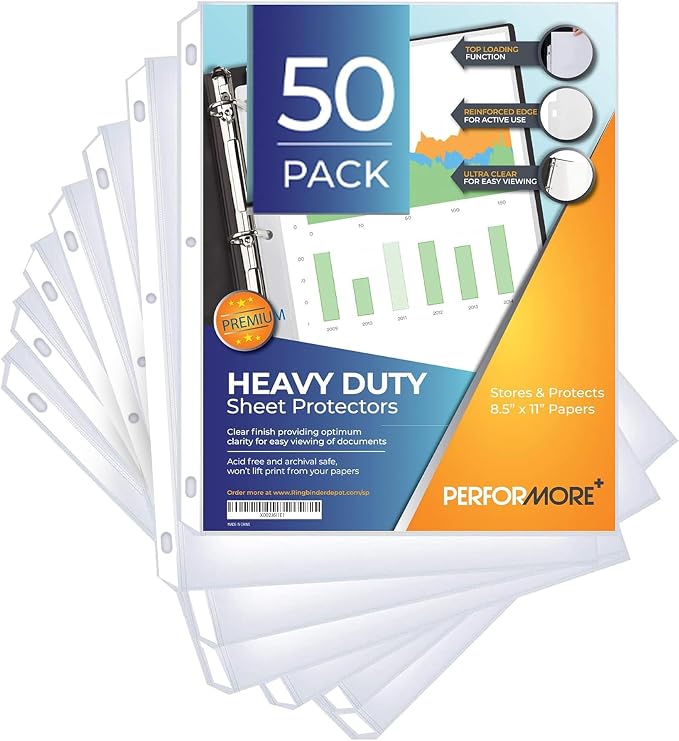50 Sheet Protectors 8.5 x 11 for 3 Ring Binder, Heavy Duty Clear Page by RingBinder