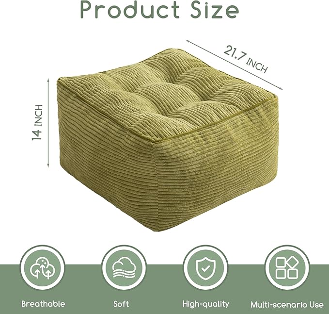 HIGOGOGO Square Stuffed Pouf Ottoman, Corduroy Poufs with Foam Chunk Filling, Furry and Fluffy Pouf Foot Stool Storage Ottoman, 21 X 21 Floor Poufs Foot Rest for Living Room, Green-DeskLoop Office