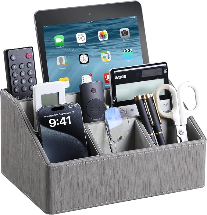 PU Leather Desk Organizer, Luxury Remote Control Holder by MEIBOOCH