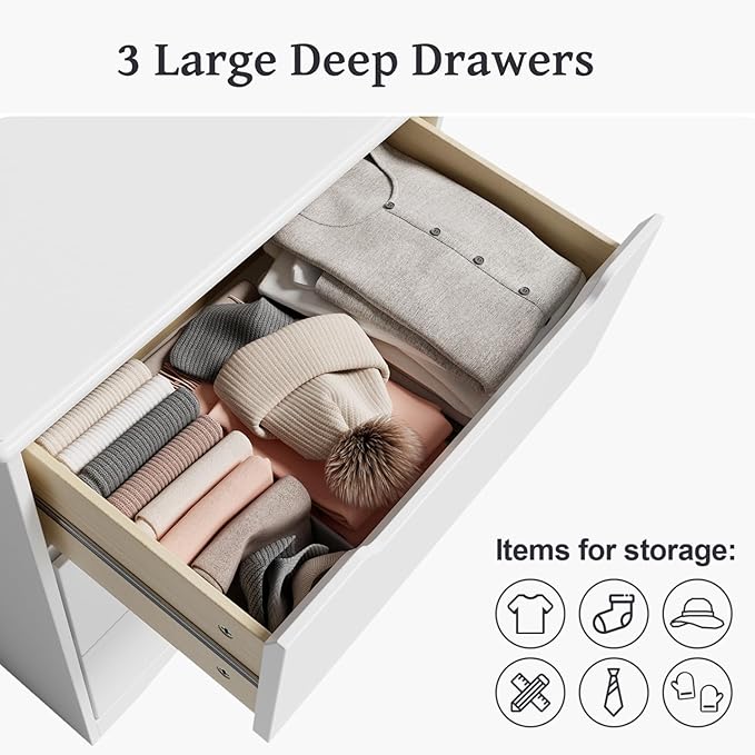 Gizoon 3 Drawers Chest, Bedroom Drawer Dresser with Large Storage Capacity, Embedded Handle, and Sturdy Anti-Tripping Device, Modern Design Cabinet for Hallway, Office, Living Room (White)-DeskLoop Office