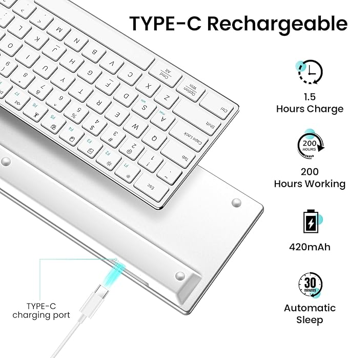 2.4G Wireless and Bluetooth Keyboard with Numeric Keypad, Multi-Device, Rechargeable, Compatible with Mac, Windows (White)-DeskLoop Office