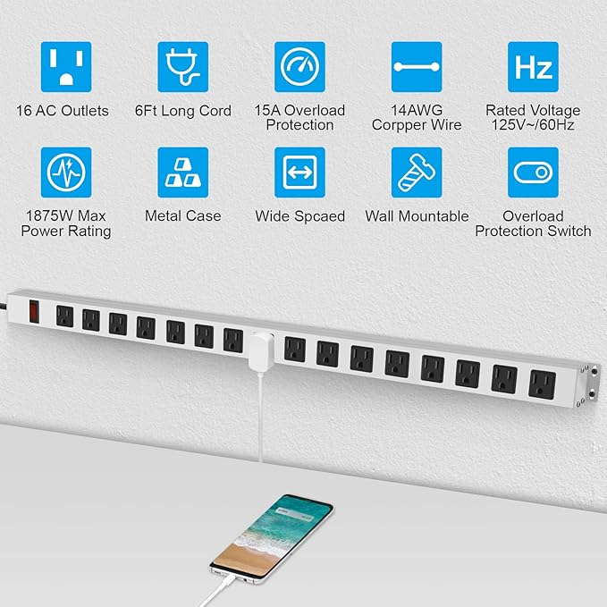 JUNNUJ Metal 16 Outlet Power Strip, Mountable Heavy Duty Power Strip, 1200J Surge Protector Wall Mount Screws Outlet with Switch, Gaming Desk Strips Wide Spaced 15A 125V 1875W, 6 FT 14AWG Power Cord-DeskLoop Office