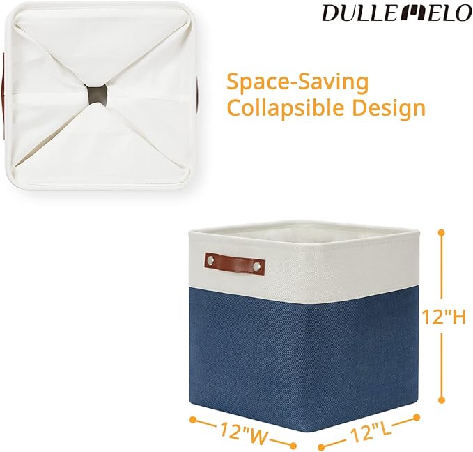DULLEMELO Foldable Storage Cubes 12 x 12 Organizer Bins,Canvas Storage Bins Empty Gift Baskets for Organizing with SturdyLeather Handles, Closet Baskets for Nursery Storage(4 Pack - 12" White&Blue)-DeskLoop Office