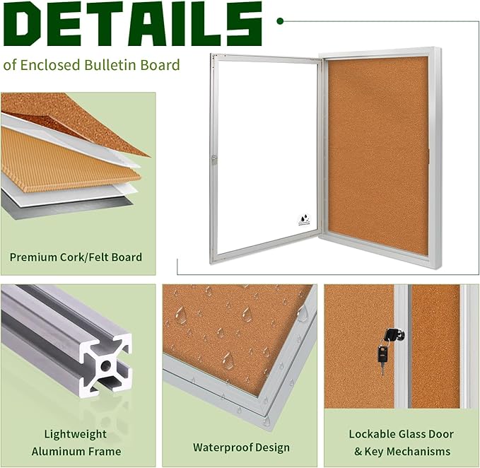 Lockable Outdoor Enclosed Bulletin Board, Weatherproof Cork Noticeboard with Locking Door, Wall-Mounted Aluminum Framed Display Case for Messages,36x24in (5xA4)-DeskLoop Office