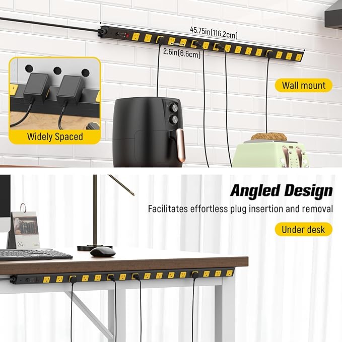 HHSOET 16 Outlet Long Power Strip, 10FT Heavy Duty Power Strip with 4800J Surge Protection, 20a Mountable Wide-Spaced Outlets for Home, Office, Garage & Workshop - ETL Certified-DeskLoop Office