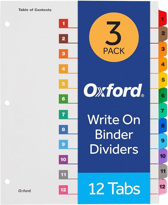 Oxford Binder Dividers, 12 Tabs, Numbered 1–12, 3 Pack, Customizable Table of by Oxford