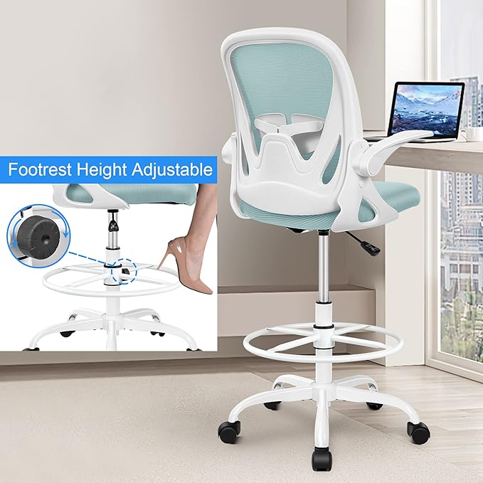 Primy Drafting Chair Tall Office Chair with Flip-up Armrests Executive Ergonomic Computer Standing Desk Chair with Lumbar Support and Adjustable Footrest Ring（Light Blue）-DeskLoop Office