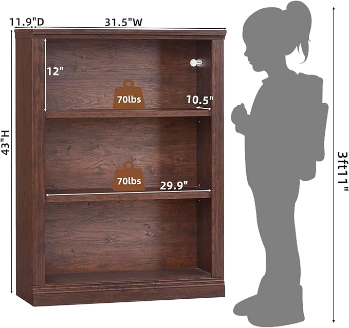 RWYHG 43" Walnut Tall Bookshelf Set of 3, 3-Tier Thick Wooden Book Shelf - Image 3