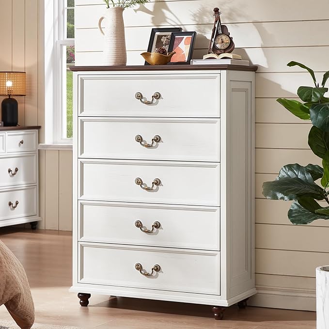 Farmhouse 5 Drawer Dresser for Bedroom, 45" Tall Rustic Chests of Drawers w/ 4 Solid Wood Feet, Mid Century Modern Wooden Closet Storage Dressers Organizer for Living Room, Hallway, White-DeskLoop Office