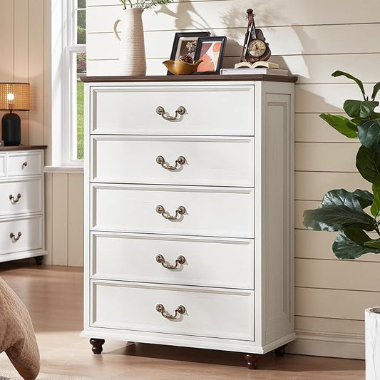 Farmhouse 5 Drawer Dresser for Bedroom, 45" Tall Rustic Chests of Drawers w/ 4 Solid Wood Feet, Mid Century Modern Wooden Closet Storage Dressers Organizer for Living Room, Hallway, White-DeskLoop Office
