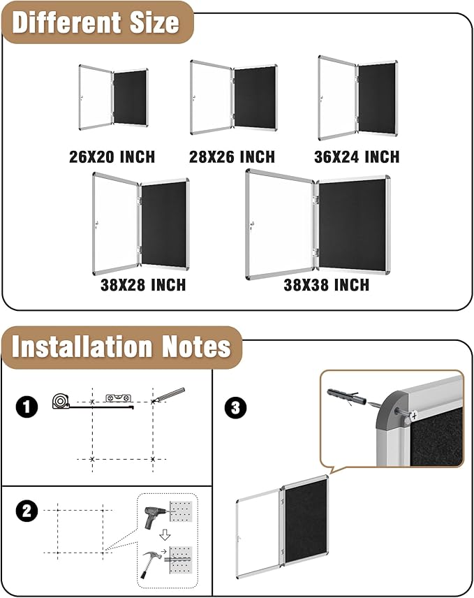 26"x20" Enclosed Bulletin Board, Lockable Weather-Resistant Aluminum Cork Noticeboard for School & Office, Silver Frame w/Black Flet-DeskLoop Office