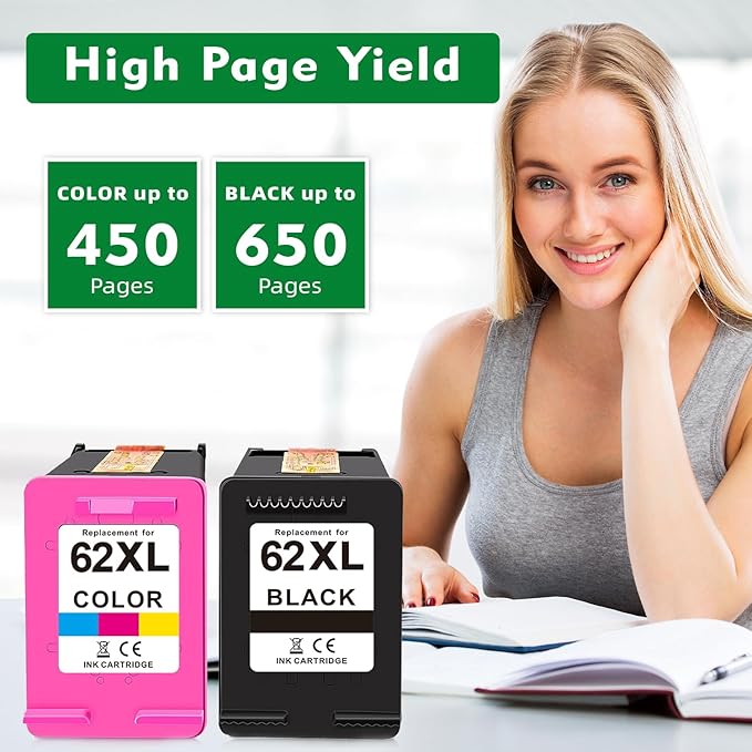 Replacement for HP 62xl Ink Cartridge Combo Pack - High Yield Ink Cartridges Compatible for hp Ink 62, Envy 5540 7640 7645 5660 OfficeJet 200 250 5740 Ink, Black, Tri-Color, 2 Pack-DeskLoop Office