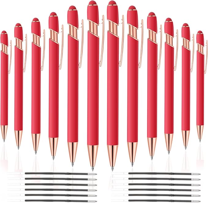 12 PCS 2 in 1 Stylus Ballpoint Pen with Stylus Tip, 1.0 mm Black Ink Metal Pen Stylus Pen for Touch Screens (All Red)-DeskLoop Office