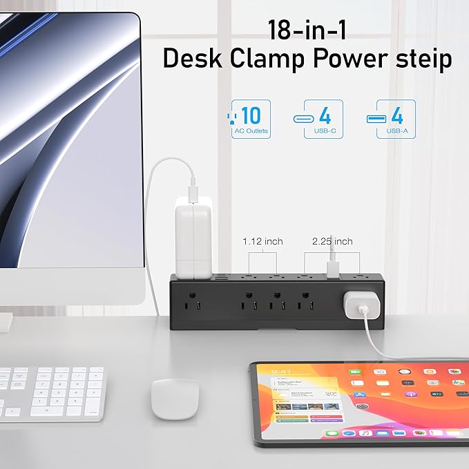 40W Fast Charging Station, VILONG Desk Clamp Power Strip, Desktop Mount Surge Protector, 8 USB Ports(4 USB-C), 10 AC Outlets and 6Ft Cord, for Home, Office, Fit 1.6" Tabletop Edge-DeskLoop Office