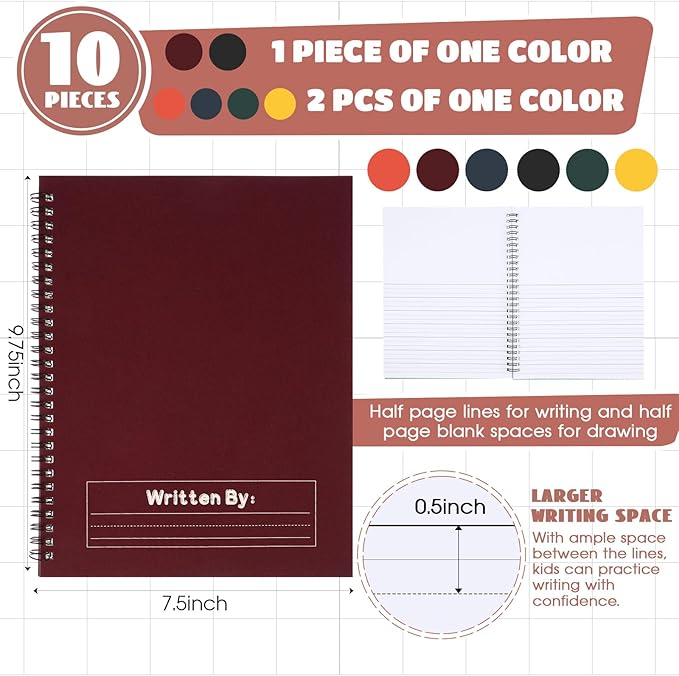 Henoyso 10 Pcs 100/50 Sheets Primary Composition Notebook K-2 Bulk Spiral Primary Journal Drawing Handwriting Practice for Kids Kindergarten 1st 2nd Back to School Supplies (Jewel Tone Color,50 Sheets)-DeskLoop Office