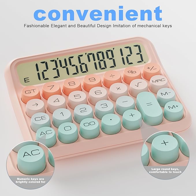 Mechanical Calculator 12 Digit Extra Large 5-Inch LCD Display, DECKLIT Battery Desk Calculator, Big Buttons Easy to Press Office Calculators Desktop, 15°Tilt Screen for Kids Calculator(Green&Pink)-DeskLoop Office