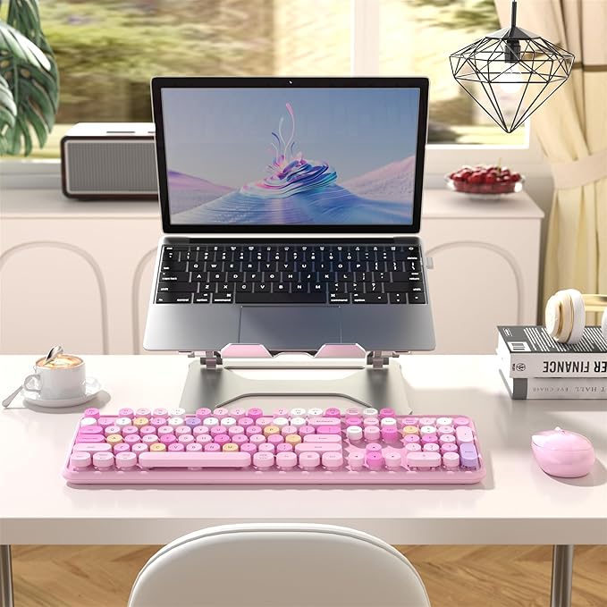 Colorful Wireless Computer Keyboard and Mouse Combo with Round Typewriter Keycaps, Retro Design, Power Switch, Ergonomic Design, 2.4GHz Wireless for Windows, Mac, PC(Pink-Colorful)-DeskLoop Office