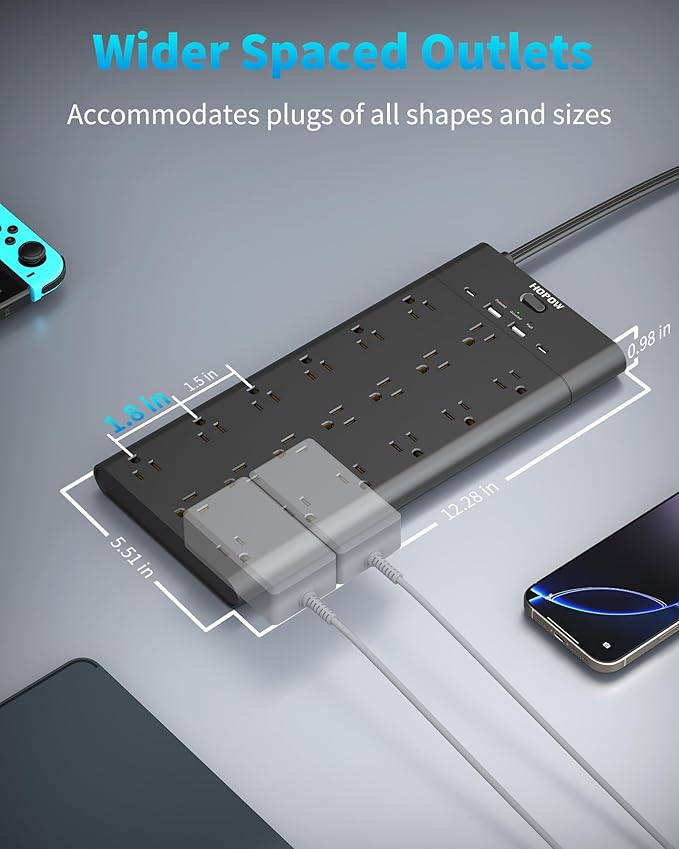 Flat Plug Power Strip, Surge Protector with 19 Outlets and 4 USB Ports, HOPOW 6 Ft Heavy Duty Extension Cord, 1875W, 2100J Surge Protection, Wall Mount for Home, Office, Gaming Room, Dorm, Black-DeskLoop Office
