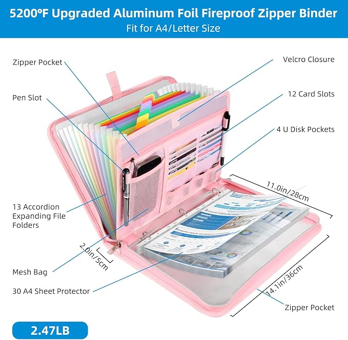 Fireproof Document Bag with Accordion File Organizer | Upgraded 5200°F Aluminum - Image 2