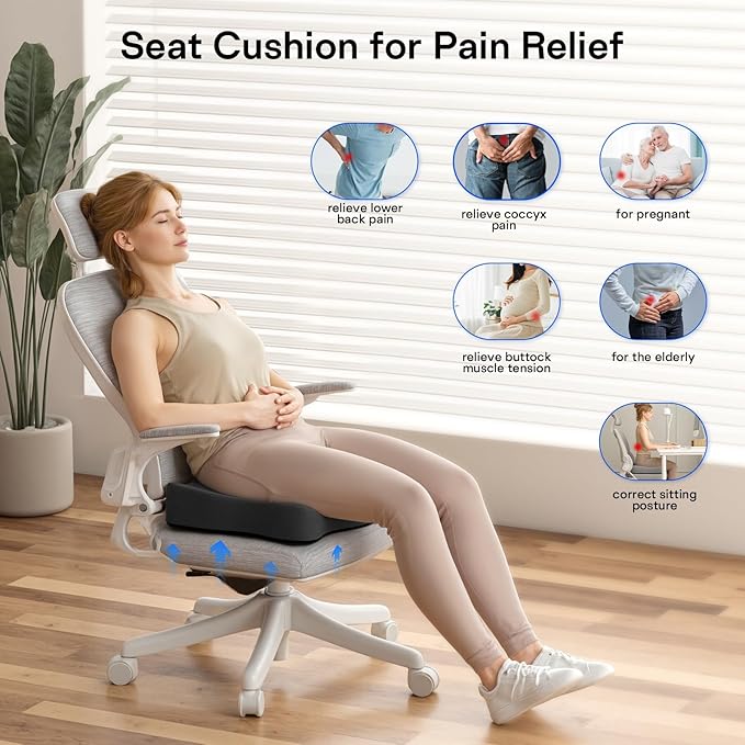 Seat Cushions for Office Chairs - Pressure Relief Seat Cushion - Car Seat Cushions for Pressure Relief, Tailbone Pain, Sciatica & Back Pain Relief for Office Chairs (Jet Black)-DeskLoop Office