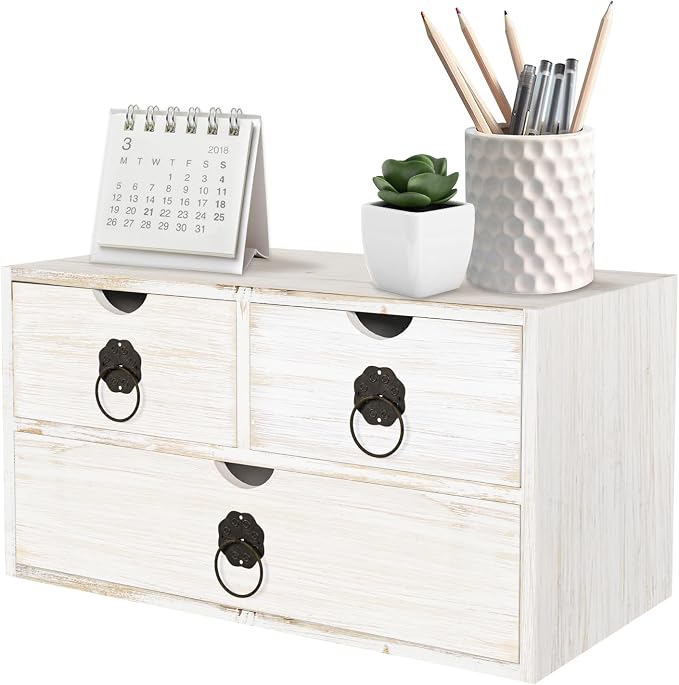 Wood Desk Organizer with Drawer, Tabletop Storage Organization Box by SEEKELEGANT